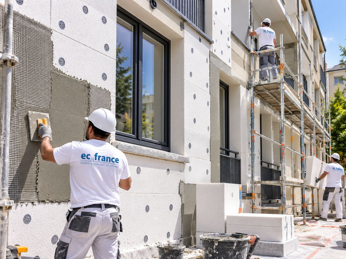 Équipe EC France réalisant l’isolation thermique par l’extérieur d’une résidence